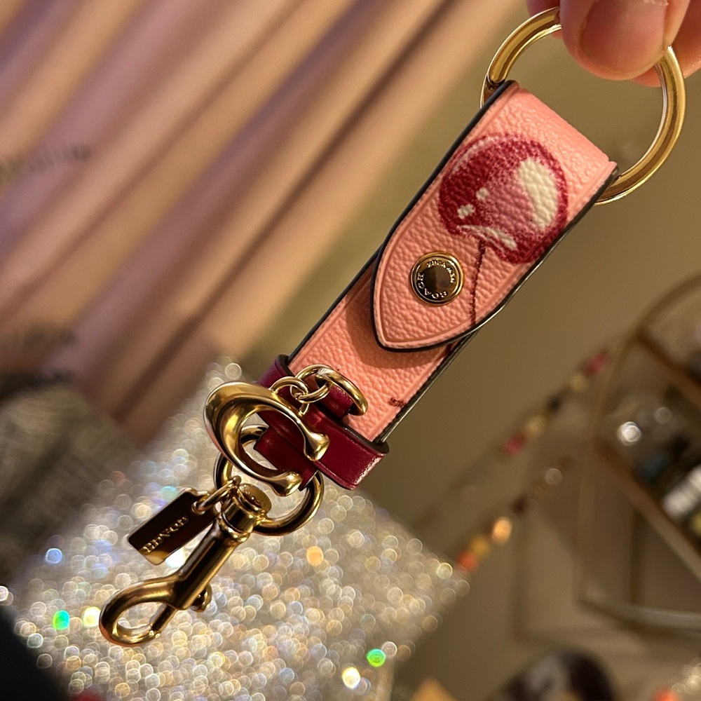 COACH Pink and Gold Cherry Key Holder Trigger Snap